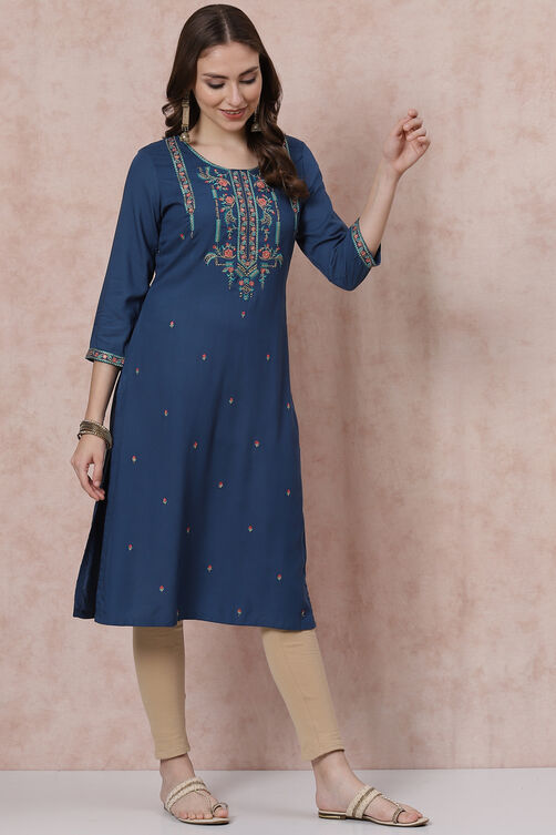 Olive Green LIVA Straight Kurta image number 3